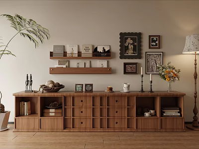 Wooden Shelf Unit With Drawers Open Shelves Books Photo Frames In Living Room Interior 3d model