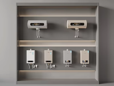 Water Heaters Displayed on Shelves Featuring Top and Lower Units in Showroom 3d model