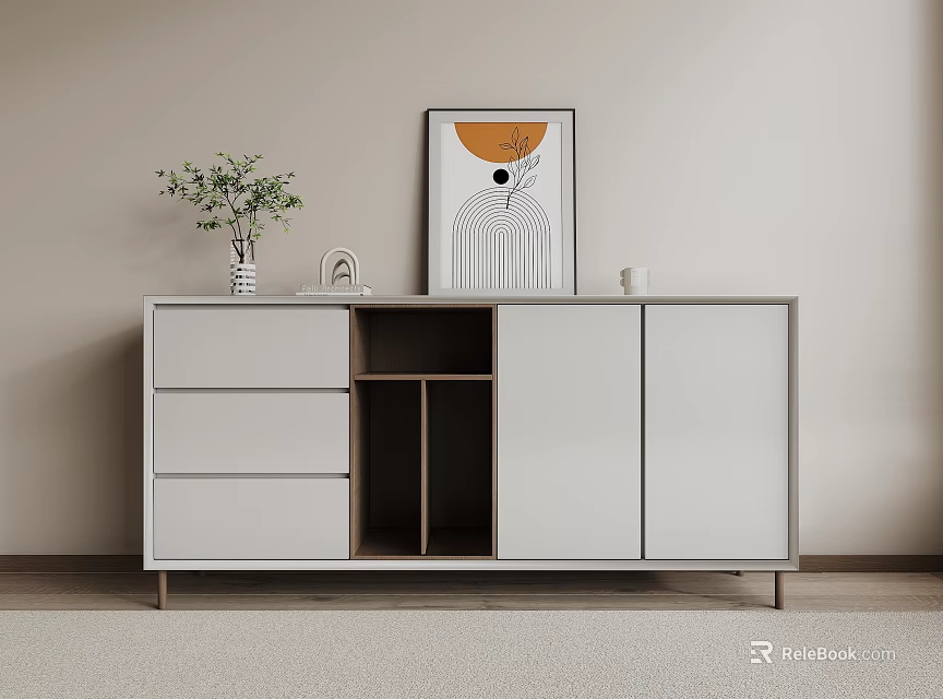 Modern White Entryway Side Cabinet With Drawers Open Shelf Green Plant And Decorative Painting 3d model 
