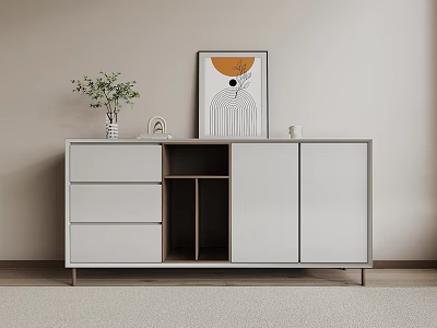 Modern White Entryway Side Cabinet With Drawers Open Shelf Green Plant And Decorative Painting 3d model