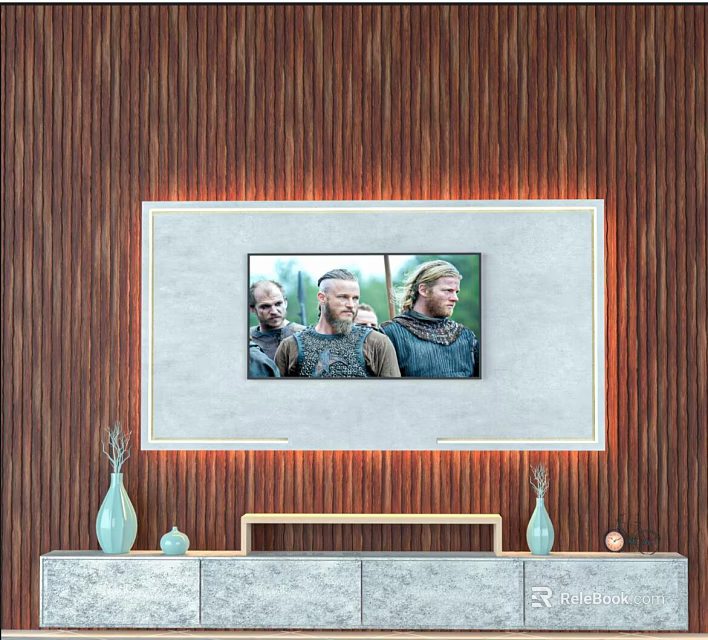 Modern TV Background Wall Interior Design With Wooden Panel LED Strip Lights And Vases 3d model 