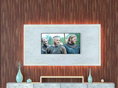 Modern TV Background Wall Interior Design With Wooden Panel LED Strip Lights And Vases 3d model