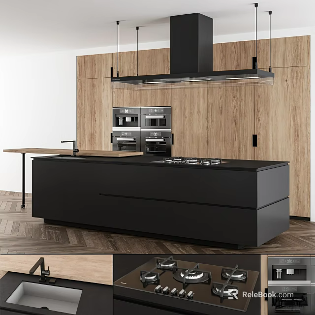 Modern Kitchen Interior Design With Wooden Cabinets And Black Island Countertop 3d model 