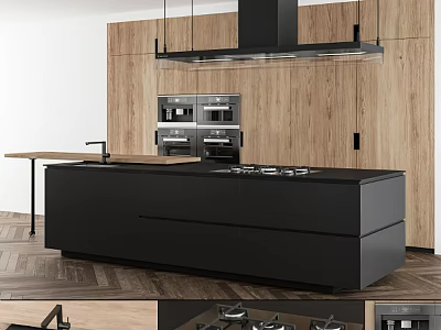 Modern Kitchen Interior Design With Wooden Cabinets And Black Island Countertop 3d model