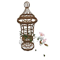 Brown Metal Decorative Ornament Set With Birdcage Design Green Plants And Pink Flowers