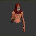 Shirtless Man With Red Hood One Yellow Eye Beard And Outstretched Arm In Gray Background