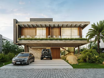 Modern Detached Villa With Wooden Facade Balcony Palm Trees And Parked Cars On Driveway 3d model