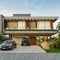 Modern Detached Villa With Wooden Facade Balcony Palm Trees And Parked Cars On Driveway