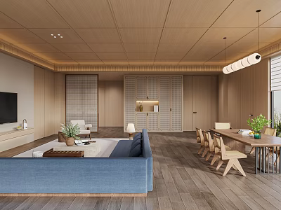 Spacious Hotel Guest Room With Blue Sofa Wooden Flooring And Dining Area 3d model