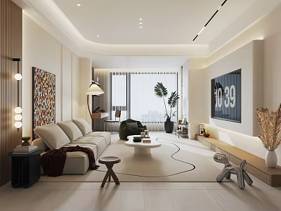Modern Living Room Interior Design With Beige Sofa Decorative Painting And Floor Lamp 3d model
