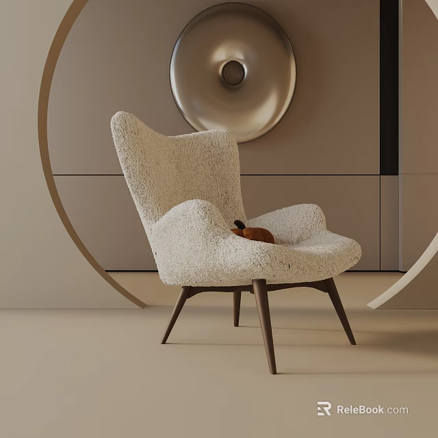 Light Beige Plush Leisure Chair With Wooden Legs And Circular Metallic Accent In Modern Interior 3d model 