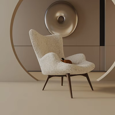 Light Beige Plush Leisure Chair With Wooden Legs And Circular Metallic Accent In Modern Interior 3d model