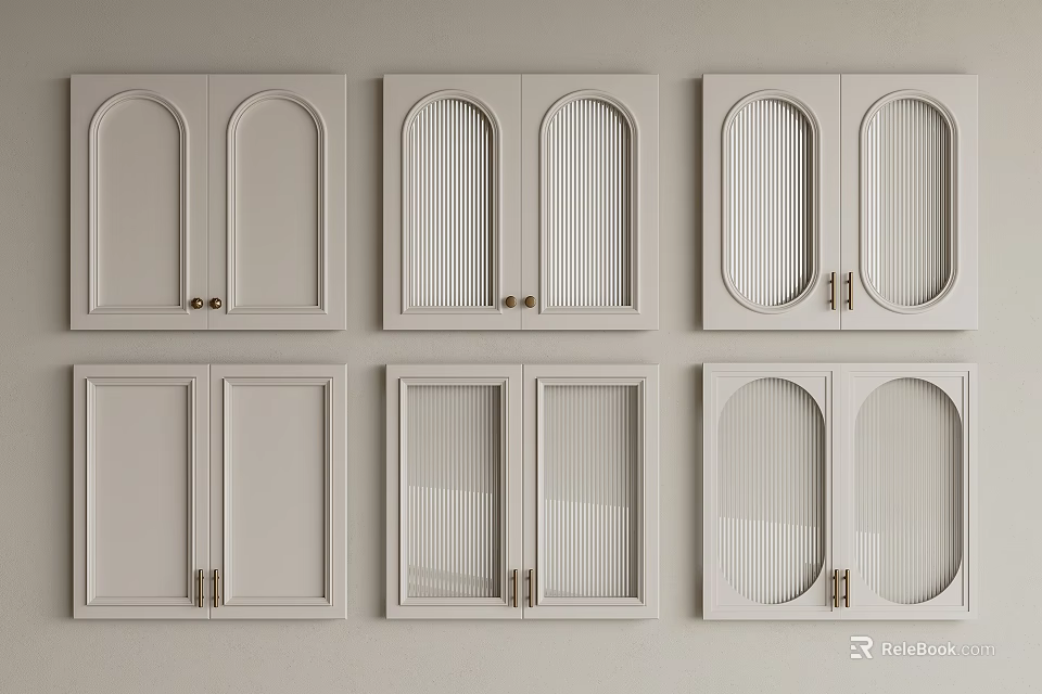White Wardrobe Doors With Various Designs Arched Ribbed Panels And Metal Handles 3d model 