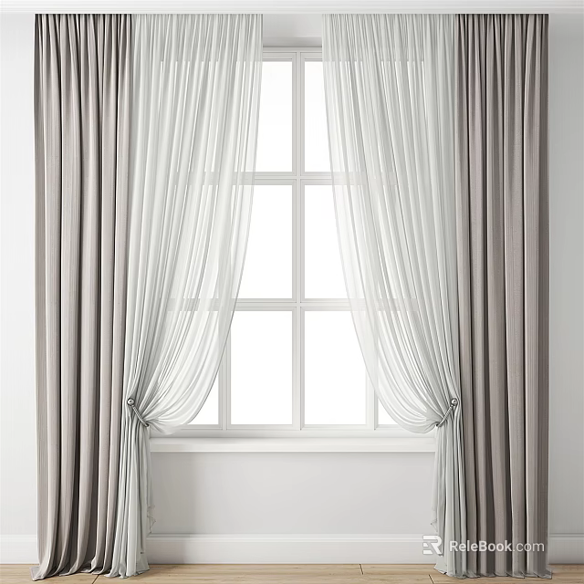 Modern Window Curtains With Layered White Sheer And Gray Panels 3d model