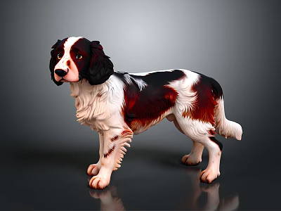 Brown and white dog with fluffy shiny coat standing alert on dark background 3d model