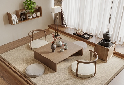 New Chinese Tatami Tea Room Tea Table and Chair Combination Storage Rack Floor Lamp Tea Set Ornaments Tatami Bedroom 3d model