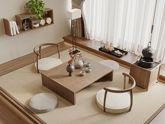 New Chinese Tatami Tea Room Tea Table and Chair Combination Storage Rack Floor Lamp Tea Set Ornaments Tatami Bedroom 3d model