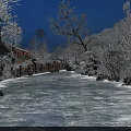 Snowy Night Mountain Landscape With Lit Buildings And Snow Covered Trees