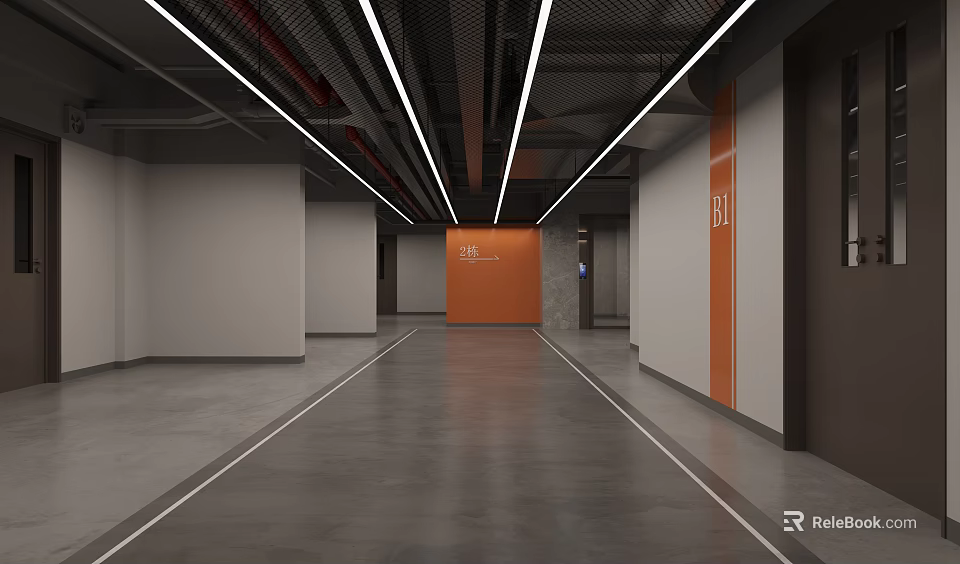 Modern Elevator Corridor Interior With Linear Ceiling Lights And Gray Polished Floors 3d model 