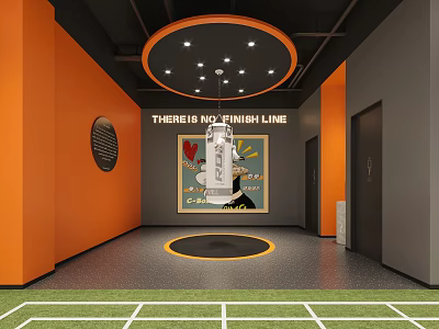 Fitness Studio Interior With Orange Gray Walls Central Circular Workout Area And Motivational Wall Art 3d model
