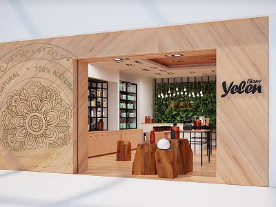 Shopping Mall Store Featuring Wooden Facade 100% Natural Signage Bar Counter Pendant Lights Yolen Interior 3d model