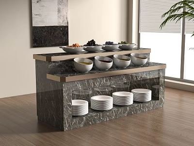 Elegant Marble Tiered Buffet Station With White Bowls And Food Items Near Window 3d model