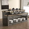 Elegant Marble Tiered Buffet Station With White Bowls And Food Items Near Window