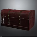 Vintage Red Clothing Storage Trunk With Golden Metal Straps And Buckles
