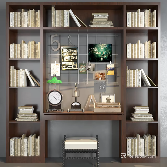 Dark Wooden Bookcase with Open Shelves Stacked Books and Decorative Items 3d model 