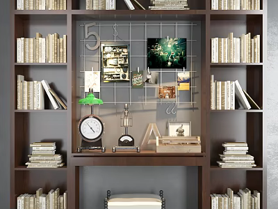 Dark Wooden Bookcase with Open Shelves Stacked Books and Decorative Items 3d model