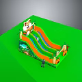 Colorful Slide Playground With Multiple Lanes Palm Tree Decor And Green Base