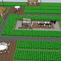 Rural Countryside Landscape with Green Fields Thatched Pavilion and Outdoor Seating Area