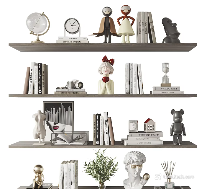 Decorative Ornaments Set For Shelf Display With Figurines Books And Plants 3d model 