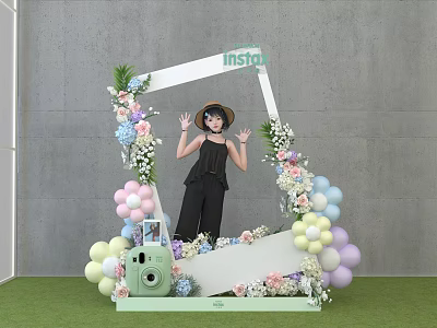 Instagrammable Photo Check-in Spot With White Frame Vibrant Flowers Balloons Green Camera Green Lawn 3d model