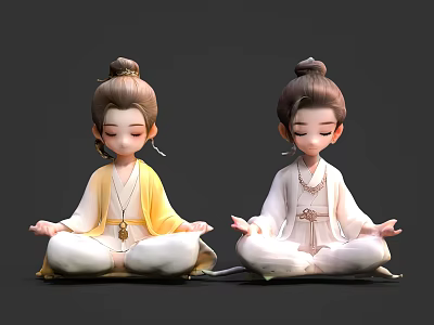 Two Game and Movie Characters in Traditional Robes with Buns Hairstyle Meditating 3d model