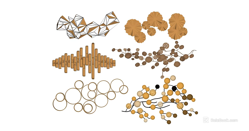 Stylish Modern Wall Decor Featuring Geometric Wooden Circular And Leaf Patterns 3d model