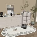 Modern White Chest of Drawers with Decorative Items Plants and Rug in Living Interior