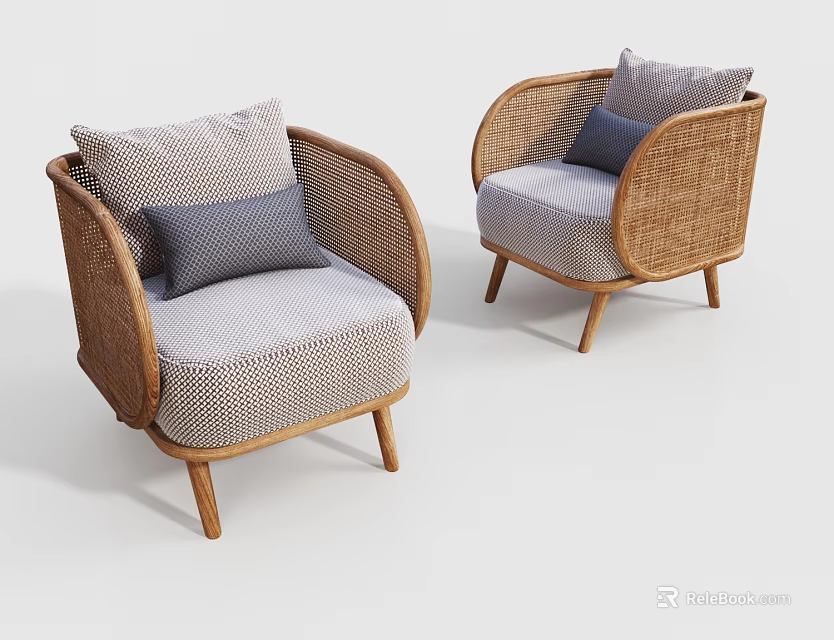 Stylish Single Sofa with Rattan Frame Light and Dark Gray Fabric Cushions Wooden Legs 3d model 