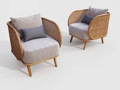 Stylish Single Sofa with Rattan Frame Light and Dark Gray Fabric Cushions Wooden Legs 3d model