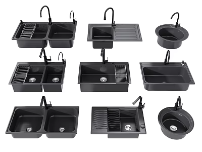 Black Kitchen Sinks With Various Designs Including Single And Double Bowl And Drainboard 3d model