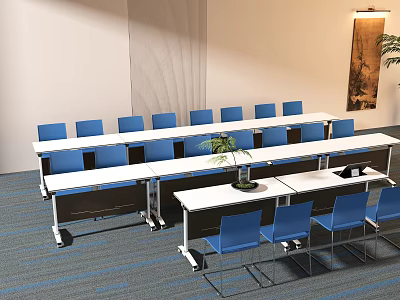 White Conference Table With Blue Chairs And Potted Plant In Modern Office Meeting Room 3d model