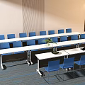 White Conference Table With Blue Chairs And Potted Plant In Modern Office Meeting Room