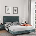 Modern Double Bed with Dark Green Velvet Headboard Checkered Pillows Orange Throw Blanket Nightstands and Lamps