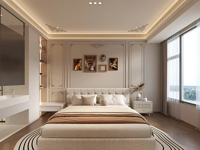 Elegant Bedroom Interior With Upholstered Headboard Decorative Wall Molding Large Window And Round Area Rug 3d model