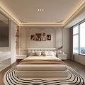 Elegant Bedroom Interior With Upholstered Headboard Decorative Wall Molding Large Window And Round Area Rug