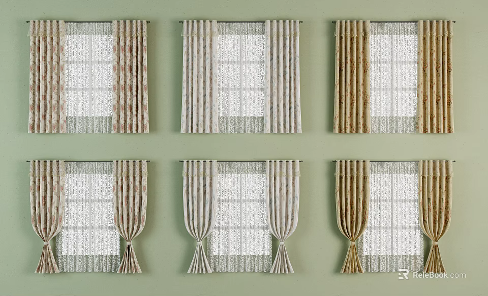 Various Neutral Colored Curtains With Sheer Panels And Hanging Styles For Windows 3d model 