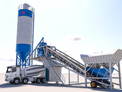 Industrial Concrete Mixing Plant With Storage Silo Conveyor Belt And Mixer Truck 3d model