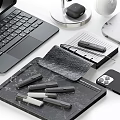 Modern Tech Accessories and Daily Essentials Setup With Laptop Smartphone Desk Lamp Succulent and Stationery