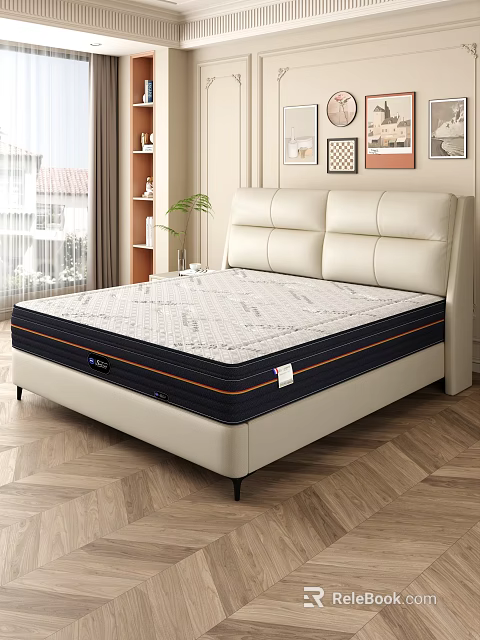 Modern Bedroom With Beige Leather Headboard Mattress Wooden Floor Window Bookshelf And Green Plant 3d model 