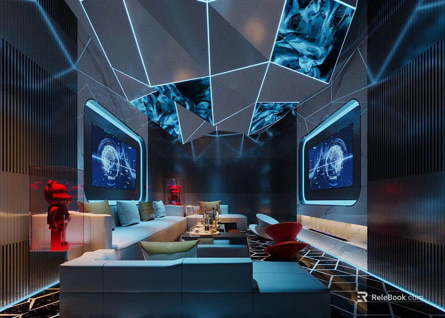 Elegant Modern KTV Interior With Blue Lighting Sofas Large Screens And Geometric Ceiling 3d model